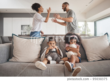 Angry parents, sad kids and divorce couple in living room from problem, family conflict and breakup. Man fight, woman argument and young girl children fear, scared and anxiety from emotional trauma 95038375