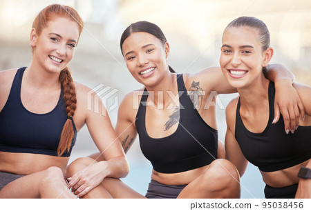 Women, diversity and sport, for health, fitness and physical wellness outdoors in the sun. Athletes, sports team and smile together outside, during training at running club or global competition Women, diversity and sport, for health, fitness and physical wellness outdoors in the sun. Athletes, sports team and smile together outside, during training at running club or global competition 95038456