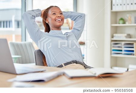 Black woman, business success and relax after complete or finish laptop marketing company goal. Smile, happy and excited worker, employee or entrepreneur with office growth vision or advertising idea Black woman, business success and relax after complete or finish laptop marketing company goal. Smile, happy and excited worker, employee or entrepreneur with office growth vision or advertising idea 95038508