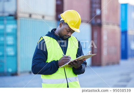 Logistics, shipping and checklist by man manager checking stock and delivery schedule at supply chain factory. Management, cardio and container inspector writing on clipboard notes for inventory 95038539