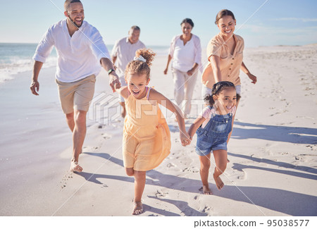 Family, running and beach vacation for children, parents and grandparents enjoying energy and summer travel on fun tropical trip. Wellness and happy men, women and girl kids on costa rica holiday 95038577