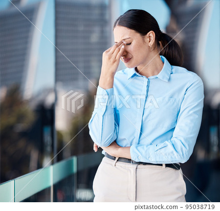 Crying, work burnout and stress headache of a business woman worried about mental health. Corporate lawyer worker on a balcony tired of working and feeling depression and sad anxiety at her job Crying, work burnout and stress headache of a business woman worried about mental health. Corporate lawyer worker on a balcony tired of working and feeling depression and sad anxiety at her job 95038719