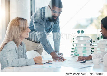 Architect, building engineer and meeting with 3d model design in real estate business, construction or property company. Black men or architecture woman in teamwork collaboration with blueprint paper Architect, building engineer and meeting with 3d model design in real estate business, construction or property company. Black men or architecture woman in teamwork collaboration with blueprint paper 95038805