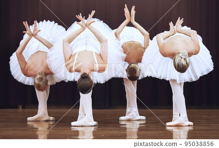 Ballet ballerina women teamwork on dancing stage together for collaboration, elegant and theatre creativity performance. Professional group of dance studio academy people on creative art concert show 95038856