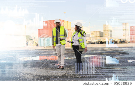 Business people, logistics and shipping, industry warehouse workers in container yard double exposure or analytics overlay. Industrial employee working in supply chain management for transportation 95038929