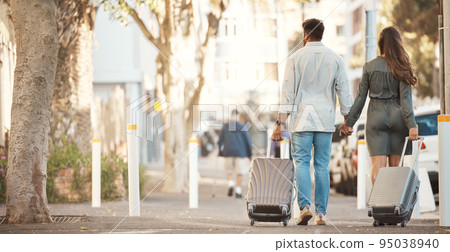 Couple travel on holiday, walking city street of sydney and honeymoon summer vacation together. Tourist man with luggage, woman with suitcase in road and urban journey to accommodation location 95038940