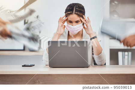 Professional woman, stress headache at work and given paperwork documents at office. Burnout, anxiety and depression develop in overworked employees. Risk of frustrated, anger and mental health issue 95039013