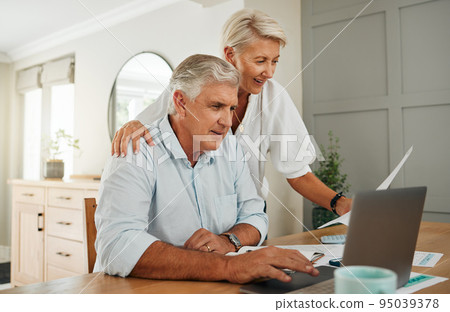 Senior couple with laptop for life insurance documents, home retirement planning or investment with online ecommerce website or banking. Elderly people with tax paperwork, pension or asset management 95039378