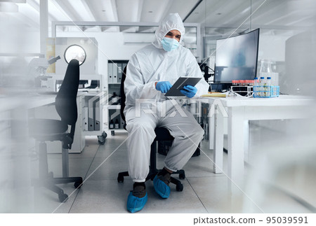 Compliance, healthcare and covid rules by doctor research on digital tablet in office, innovation and medicine. Safety, vision and medical breakthrough by health expert with goal for modern treatment 95039591