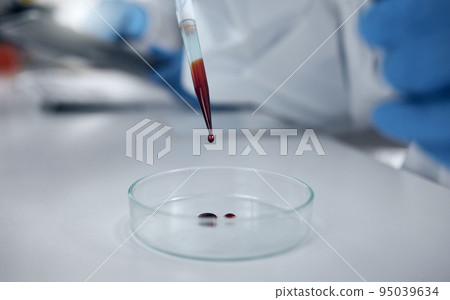Blood test, lab research and scientist working on medical development for science on a table. Pharmaceutical doctor doing an analysis on liquid for medicine and healthcare innovation at a hospital 95039634