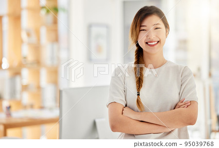 Vision, business and goals by proud asian corporate employee working on design and marketing in an office. Portrait of a happy, smiling entrepreneur excited about startup success and career mission Vision, business and goals by proud asian corporate employee working on design and marketing in an office. Portrait of a happy, smiling entrepreneur excited about startup success and career mission 95039768
