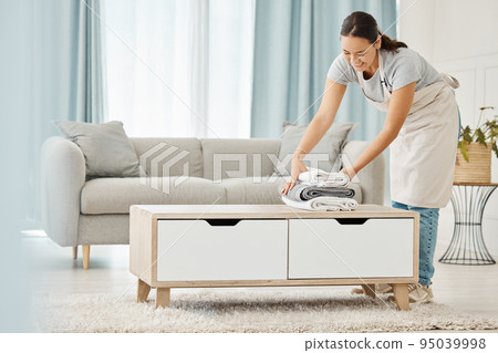 Asian cleaner or woman with towel laundry happy working for luxury hospitality hotel, home or house cleaning service agency. Japanese girl maid, employee or worker smile and help at rich apartment 95039998