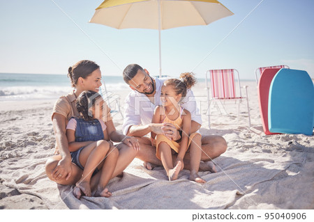Happy family, beach vacation and travel with children and caring parents bonding and having fun, traveling for summer holiday in maldives. Man, woman and girl kids or sisters happy on tropical trip Happy family, beach vacation and travel with children and caring parents bonding and having fun, traveling for summer holiday in maldives. Man, woman and girl kids or sisters happy on tropical trip 95040906