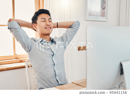 Relax, calm and peace at work of a business man from China taking a break in a office. Businessman and asian IT tech employee feeling proud and happy after a corporate job project at a company Relax, calm and peace at work of a business man from China taking a break in a office. Businessman and asian IT tech employee feeling proud and happy after a corporate job project at a company 95041156