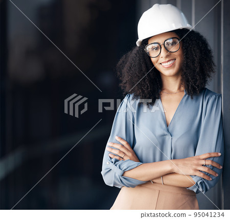 Leadership, architecture and arms crossed with business woman with hard hat working in engineering, designer and construction company. Management, innovation and vision with employee with goals 95041234
