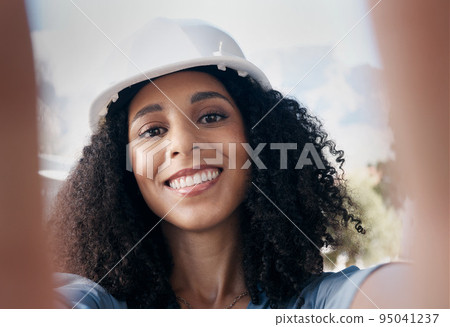 Architecture, engineering and black woman selfie portrait construction site, industrial building manager and property development. Happy face pov, smile and female contractor leader in safety helmet Architecture, engineering and black woman selfie portrait construction site, industrial building manager and property development. Happy face pov, smile and female contractor leader in safety helmet 95041237