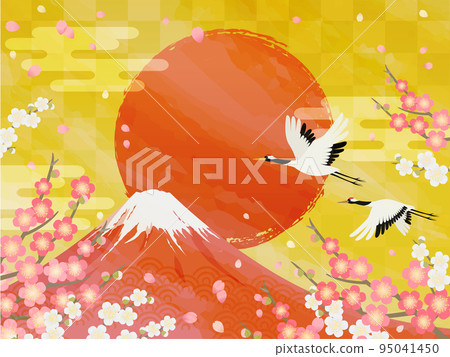 Japanese style background _ Mt. Fuji and the first sunrise _ crane _ plum 95041450