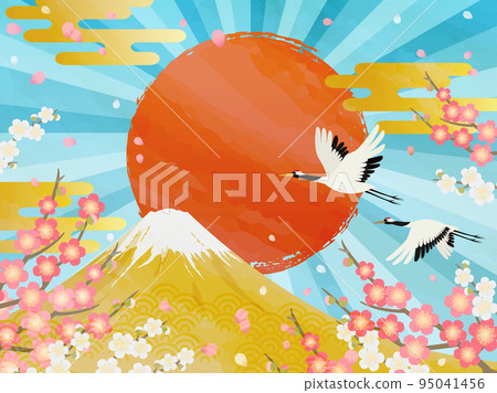 Japanese style background _ Mt. Fuji and the first sunrise _ crane _ plum 95041456