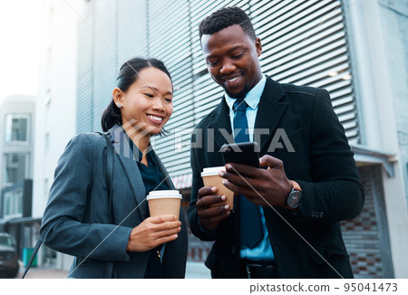 Coffee, phone and businessman and woman in the city, talking or social media while drinking espresso. Chatting, tea and Asian female and black male speaking or on 5g mobile app on a break together. Coffee, phone and businessman and woman in the city, talking or social media while drinking espresso. Chatting, tea and Asian female and black male speaking or on 5g mobile app on a break together. 95041473