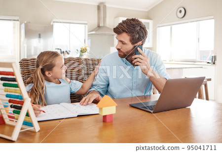 House, kid study and working dad using phone doing child care and remote work. Family home of a man helping his girl with school learning help while on a corporate business call by a computer 95041711