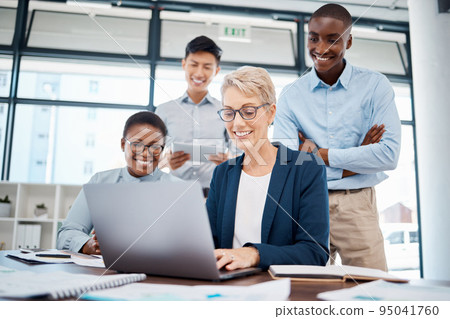 Diversity, strategy and digital marketing team in a meeting about planning, communication and innovation. Teamwork, coaching and happy business people working together on a group project in a office 95041760