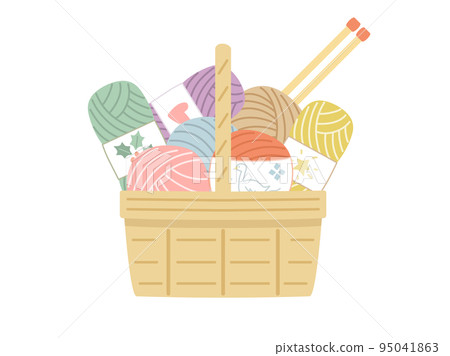 Illustration of knitting needles and colorful yarn in a basket 95041863