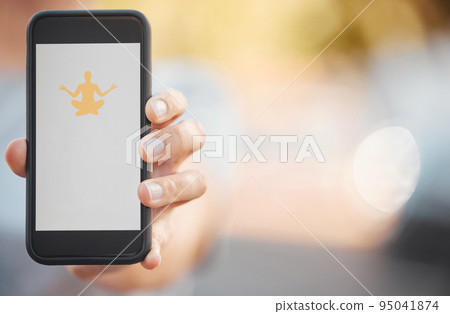Hand with phone on yoga online app and screen with mockup outdoor. Exercise, meditation and workout application or software available for download on 5g mobile smartphone for health and wellness 95041874