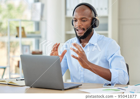 Black man, laptop and call center employee talking, training and in customer service, help and contact us support. Crm consulting office worker, receptionist or telemarketing communication consultant 95041877
