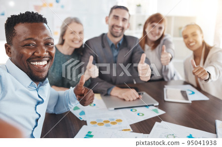 Thumbs up, team success and diversity of office employee team happy and motivation of teamwork. Thank you, winner and yes hand sign of business workers smile doing a collaboration and corporate goal 95041938