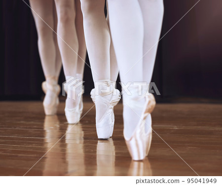 Ballet, fitness dancer and woman on theatre stage for dance workout, exercise and training creative art. Partnership, teamwork and zoom sport girl legs or ballerina women working together on concert. Ballet, fitness dancer and woman on theatre stage for dance workout, exercise and training creative art. Partnership, teamwork and zoom sport girl legs or ballerina women working together on concert. 95041949