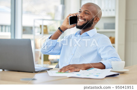 Business black man talking phone call, happy communication and conversation in modern office. Smile, vision and creative african designer, entrepreneur and job worker speaking, discussion and mobile 95041951