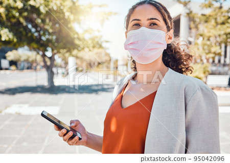 Covid face mask, phone gps and woman on the internet in a road for location in the urban city of Singapore. Business person doing search on web with technology and covid 19 in the street of town 95042096