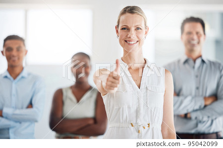 Teamwork, diversity and thumbs up from woman and team in office. Success, support and confidence for businessmen and women at startup business. Leadership, motivation and a winner marketing company. 95042099