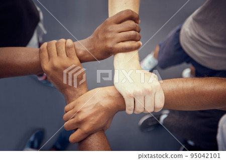 Hands, teamwork solidarity and fitness motivation for athlete winning, joining and strong collaboration for support, target and goal above. Diversity, trust and group connect, celebrate and community 95042101