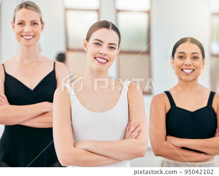 Portrait, happy and ballet teacher with students in a classical arts school after training, practice and class. Smile, women and fit talent coach proud of girls dance commitment, dancers and dancing 95042102
