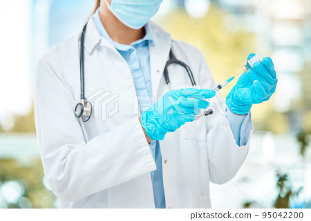 Covid vaccine, medical doctor with medicine syringe and pharma healthcare worker. Corona virus clinic, hospital safety laboratory and pharmaceutical compliance in treatment for sickness closeup 95042200