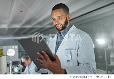 Laboratory man, tablet or research data analysis in medical, healthcare innovation or insurance medicine study. Smile, happy scientist or DNA worker with vision for future science help on technology 95042219