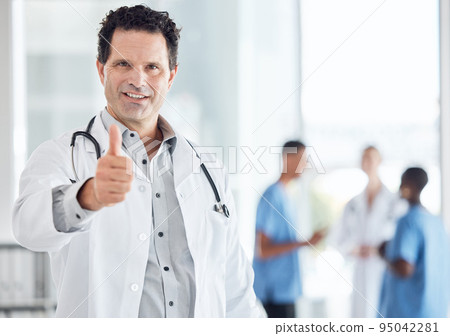 Trust, medical and thumbs up with doctor in hospital for support, agreement and success. Thank you, goals and yes with healthcare professional in clinic for motivation, medicine or expert innovation 95042281