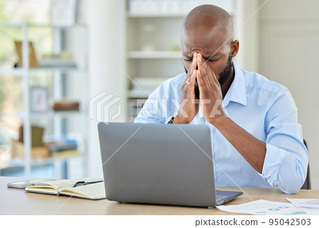 Stress, burnout and depression businessman with laptop in office with depression, anxiety and 404 computer glitch. Headache, mental health and frustrated employee with audit, tax and work overload. Stress, burnout and depression businessman with laptop in office with depression, anxiety and 404 computer glitch. Headache, mental health and frustrated employee with audit, tax and work overload. 95042503