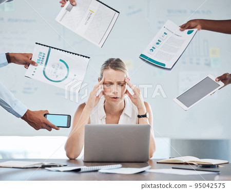 Business woman stress, anxiety and mental health burnout in busy, challenge crisis and frustrated office workplace. Worker headache, poor time management and tired from job pain problem and tax audit 95042575