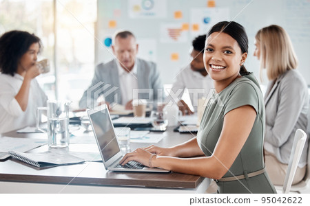 Digital marketing, collaboration and seo team planning a global sales and branding strategy in a office meeting together. Business people brainstorming, communication and working on laptop on goals 95042622