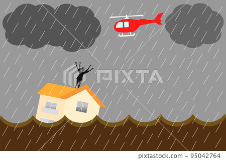 A house is washed away in a flood. Disaster caused by heavy rain. 95042764