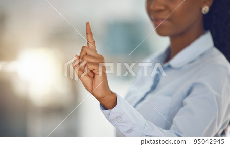 Business woman using finger for password, user interface and network login. Innovation, technology and digital future using touch screen or biometric print of businesswoman for cyber security 95042945