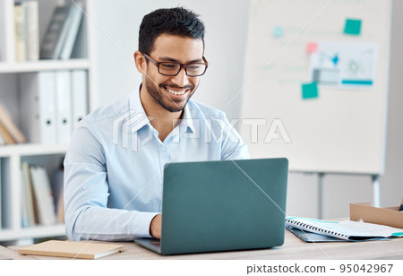 Business man typing on laptop, research or working on marketing, accounting or data. Corporate person, on computer or reading, writing email or planning a finance project in the office with a smile 95042967