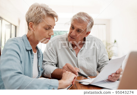 Finance, retirement and a couple online with budget or strategy plan with documents. Laptop, internet and savings, senior woman and man planning funds, mortgage or investment for retired lifestyle. Finance, retirement and a couple online with budget or strategy plan with documents. Laptop, internet and savings, senior woman and man planning funds, mortgage or investment for retired lifestyle. 95043274