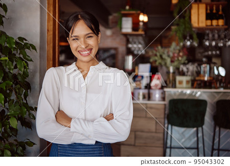 Small business success, cafe restaurant and happy woman leader portrait in Costa Rica hospitality industry. Confident coffee shop manager, waiter food service with apron and store entrance welcome 95043302