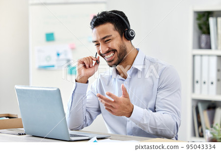 Asian man, laptop or call center worker in communication, customer service or contact us support office. Smile, happy and excited crm consultant or telemarketing receptionist on tech sales consulting 95043334