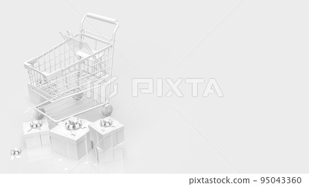 The white gift box and shopping cart on white... - Stock Illustration ...