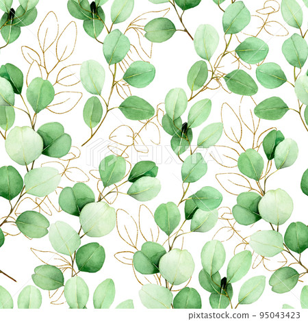 seamless watercolor pattern with eucalyptus leaves and golden elements. vintage luxury print with golden leaves and green watercolor leaves isolated on white background. design for wallpaper, fabric seamless watercolor pattern with eucalyptus leaves and golden elements. vintage luxury print with golden leaves and green watercolor leaves isolated on white background. design for wallpaper, fabric 95043423