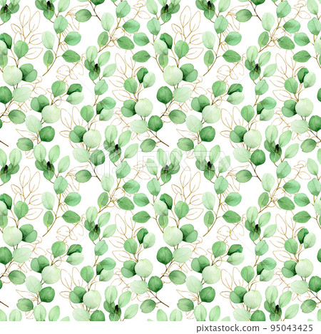 seamless watercolor pattern with eucalyptus leaves and golden elements. vintage luxury print with golden leaves and green watercolor leaves isolated on white background. design for wallpaper, fabric 95043425